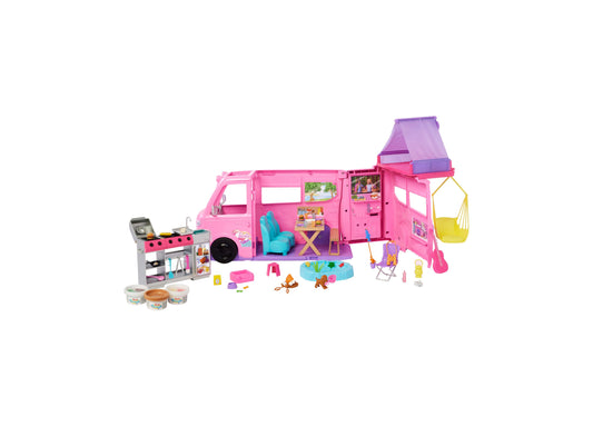 Barbie Dream Camper playset with pink RV, purple roof tent, turquoise chair, yellow hammock, BBQ grill, camping accessories, and figurines on white background