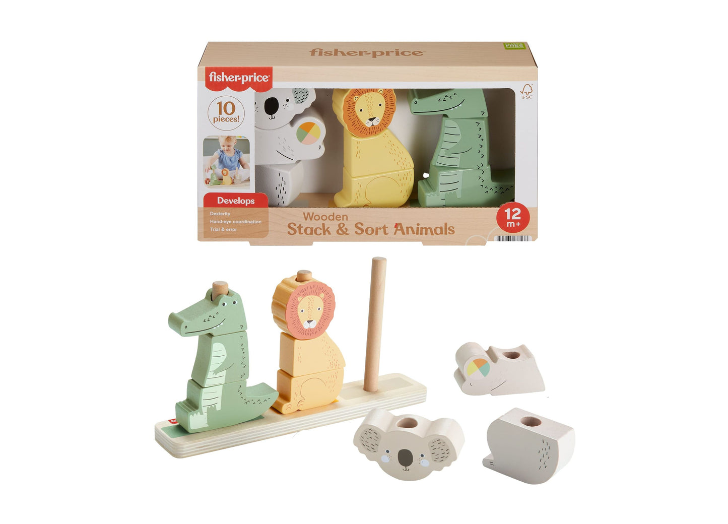 Fisher-Price Wooden Stack & Sort Animals – Eco-Friendly Toddler Toy