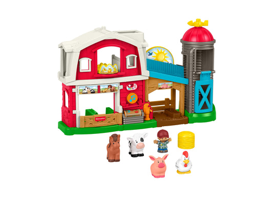Fisher-Price Little People Caring Fun Animal Farm Playset with red barn, farmer figure, cow, pig, chicken, and hay bale