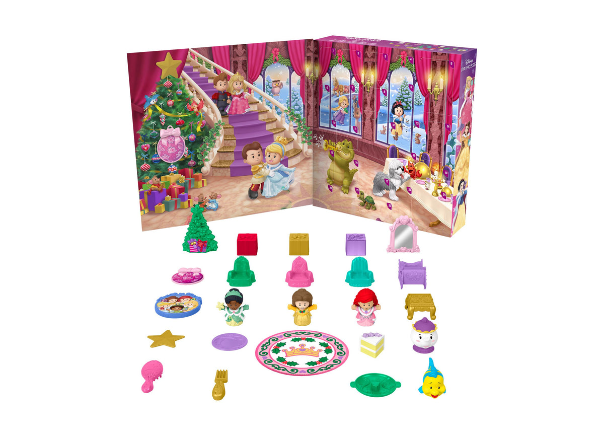 Little People Disney Princess Advent Calendar Playset with fold-out castle backdrop and 24 accessories including figurines, furniture, dishes, and decorative pi