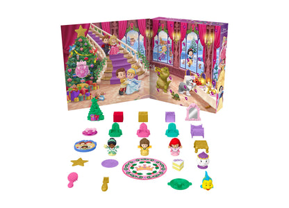 Little People Disney Princess Advent Calendar Playset with fold-out castle backdrop and 24 accessories including figurines, furniture, dishes, and decorative pi