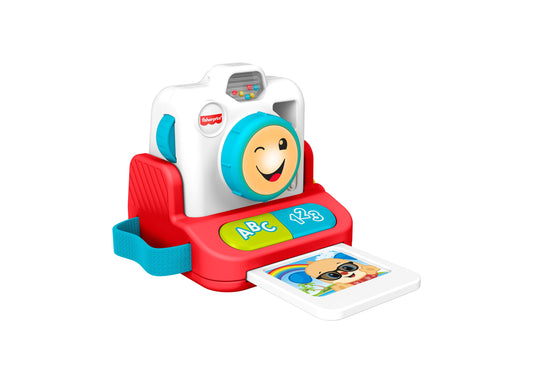 Fisher-Price Laugh and Learn Click and Learn Instant Camera with smiling face on white and red base, ABC button, and photo card on plain background