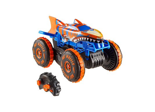 Hot Wheels RC Monster Trucks Tiger Shark Climber Vehicle Toy in orange and blue with remote control