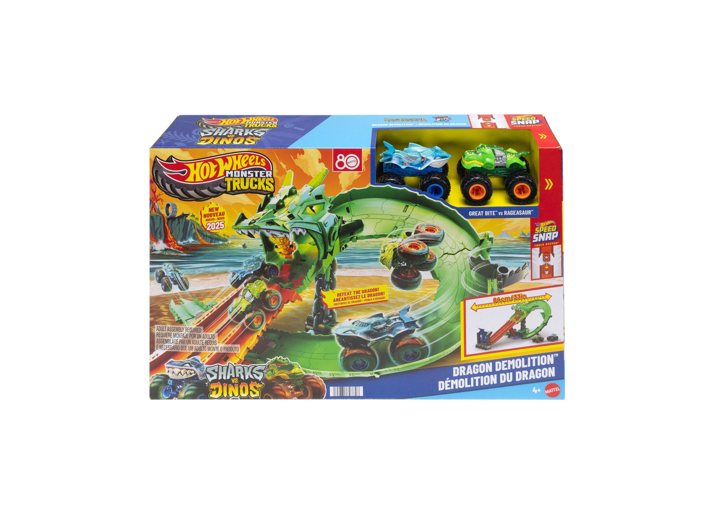 Hot Wheels 1:64 Monster Trucks Sharks vs Dinos Dragon Destruction Playset