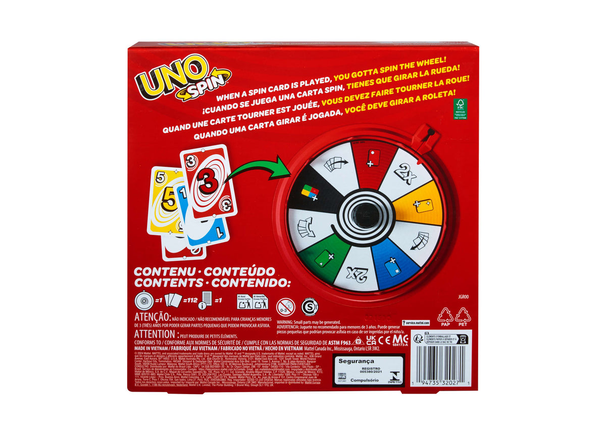 UNO Spin card game box showing colorful cards and red spinner wheel with action symbols