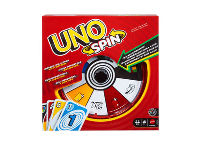 UNO Spin card game box with red spinner wheel and colorful UNO cards displayed