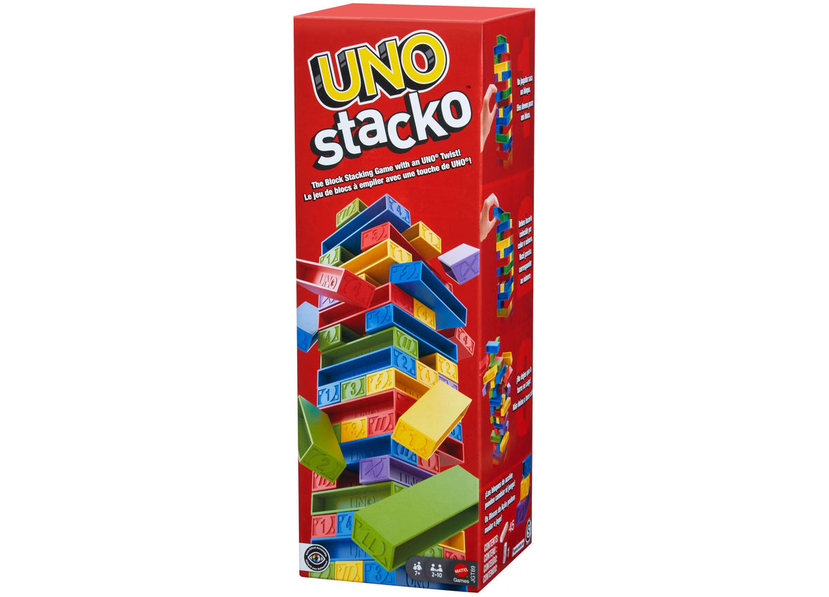 UNO Stacko Color & Number Matching Block Game with colorful stacked blocks in blue, yellow, red, and green on red pac...