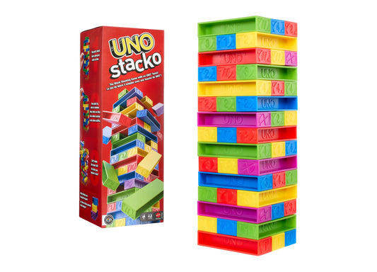 UNO Stacko Color & Number Matching Block Game with colorful stacked blocks in red, blue, yellow, green, and pink