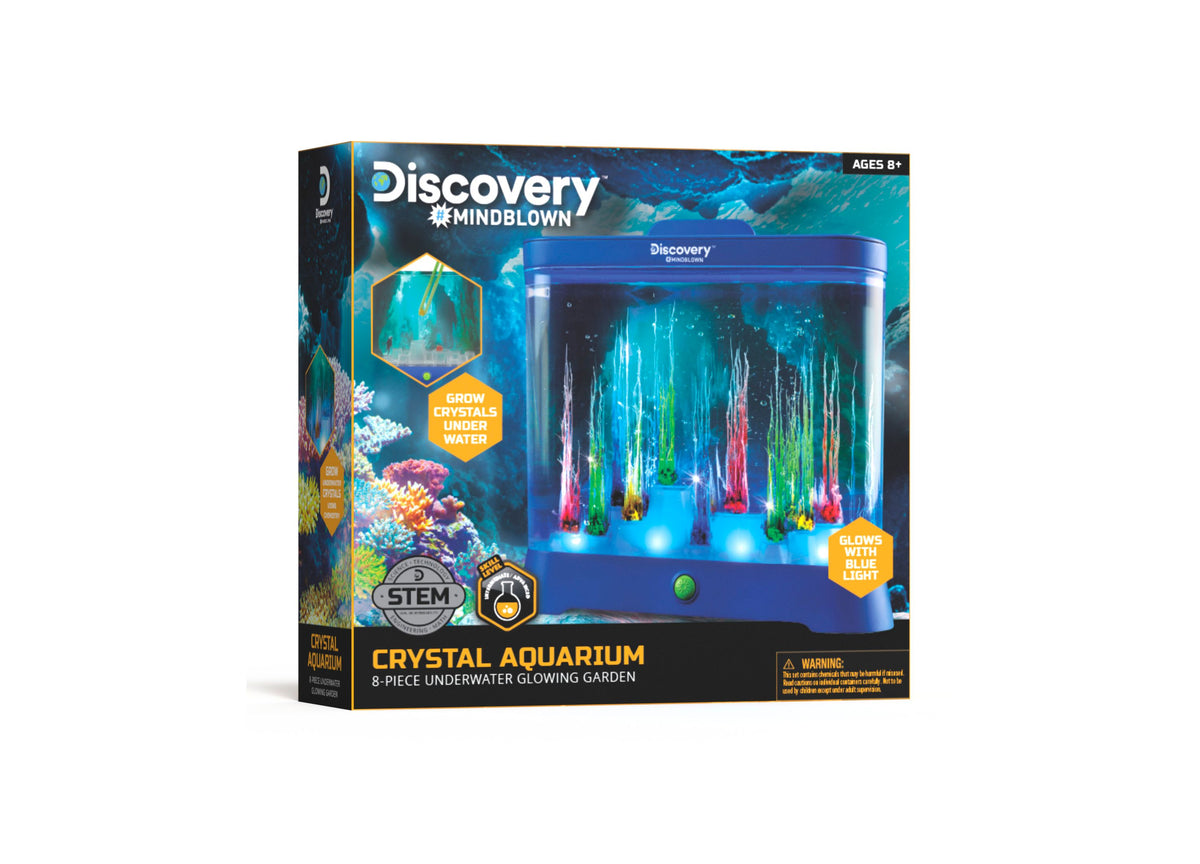 Discovery #MINDBLOWN Crystal Aquarium 8-Pc. Set with blue LED lights illuminating colorful crystal formations in unde...