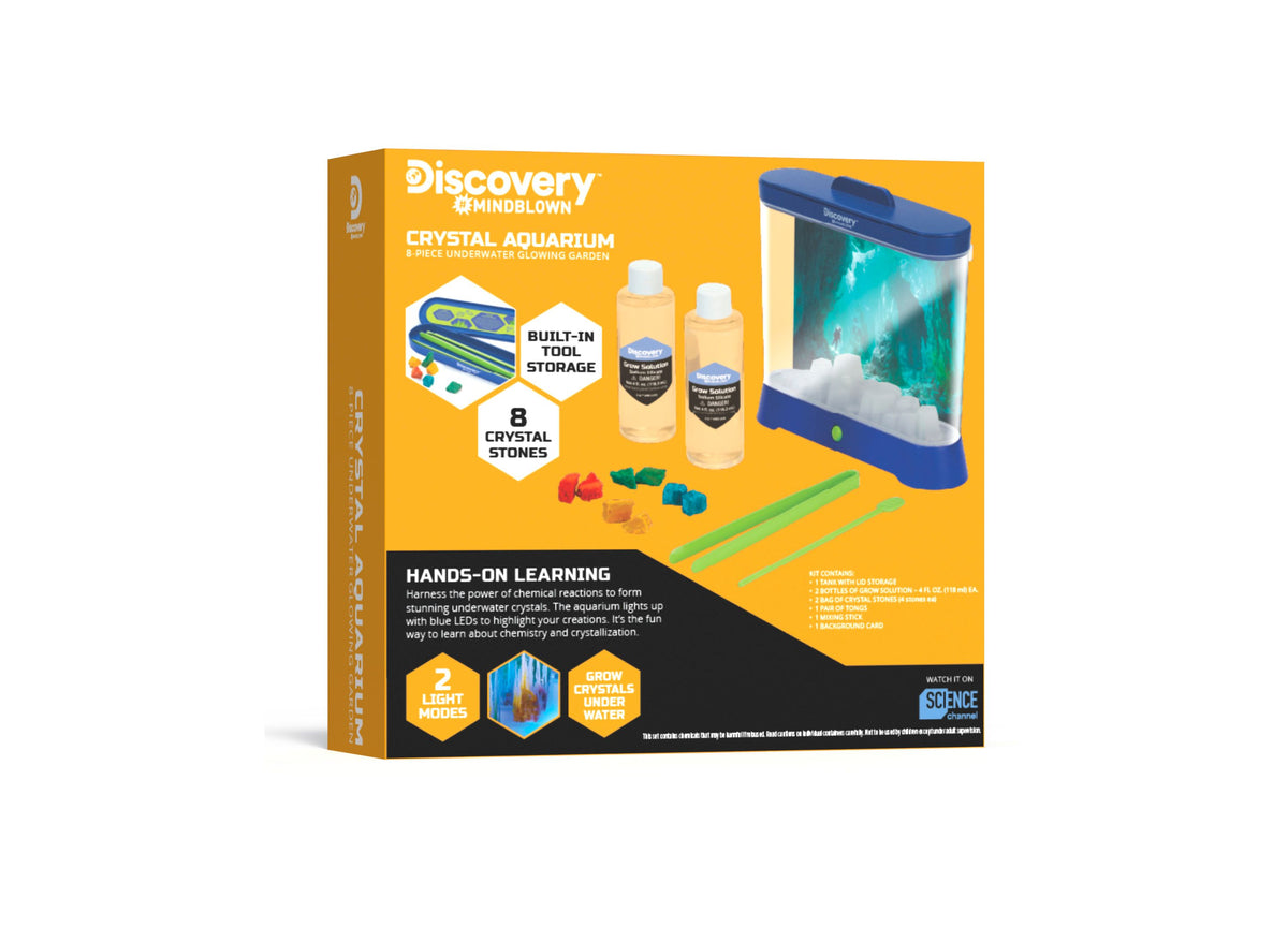 Discovery #MINDBLOWN Crystal Aquarium 8-Pc. Set with blue LED-lit tank, grow solution bottles, and colorful crystal s...