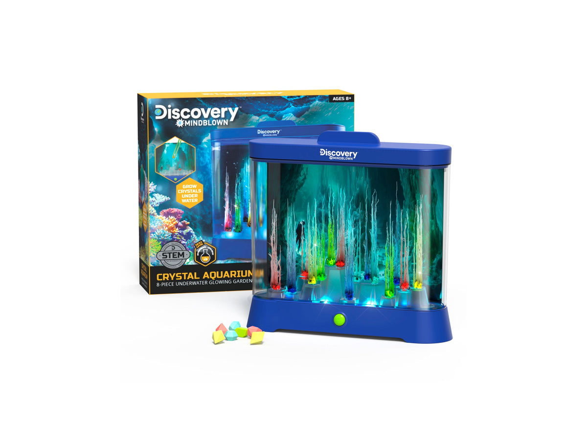 Discovery #MINDBLOWN Crystal Aquarium 8-Pc. Set with blue LED-lit tank, colorful crystal formations, and packaging box