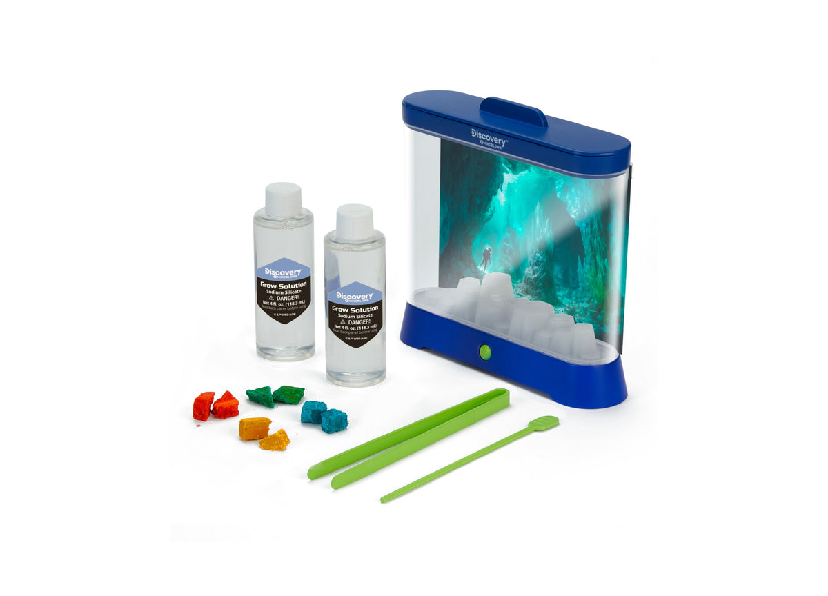 Discovery #MINDBLOWN Crystal Aquarium Science Kit with blue LED-lit tank, grow solution bottles, colored crystal samp...