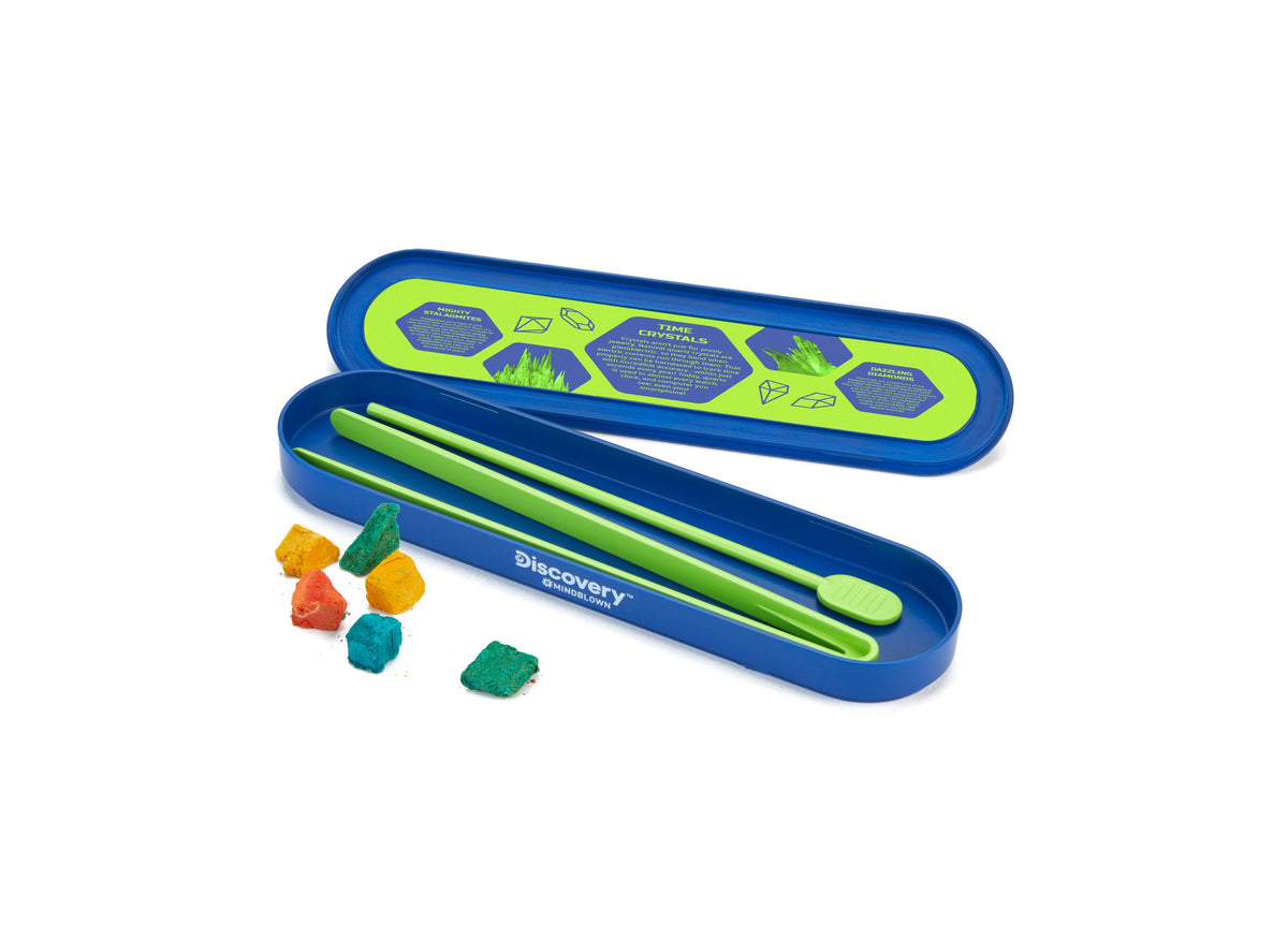 Discovery #MINDBLOWN Crystal Aquarium Science Kit with blue case, lime green tweezers, and colorful crystal specimens