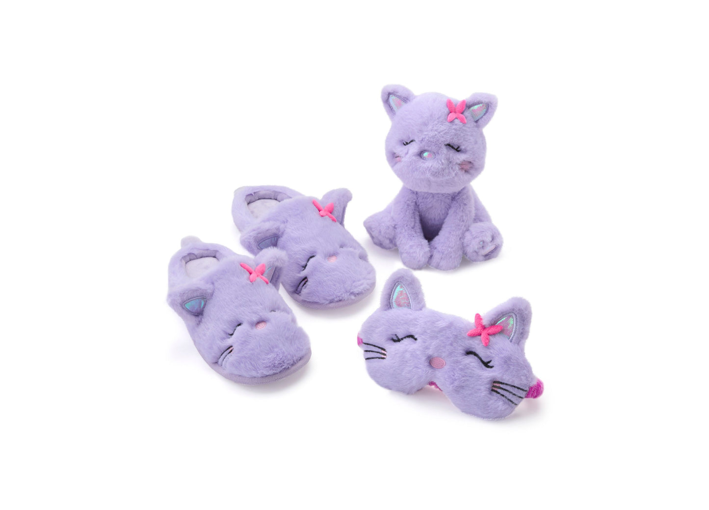 Purple plush cat slippers and matching stuffed cat toy, each with pink bow details and embroidered facial features