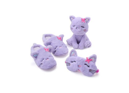 Purple plush cat slippers and matching stuffed cat toy, each with pink bow details and embroidered facial features
