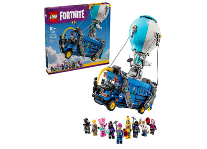LEGO Fortnite Battle Bus 77073 set with blue truck, turquoise balloon, and 10 minifigures