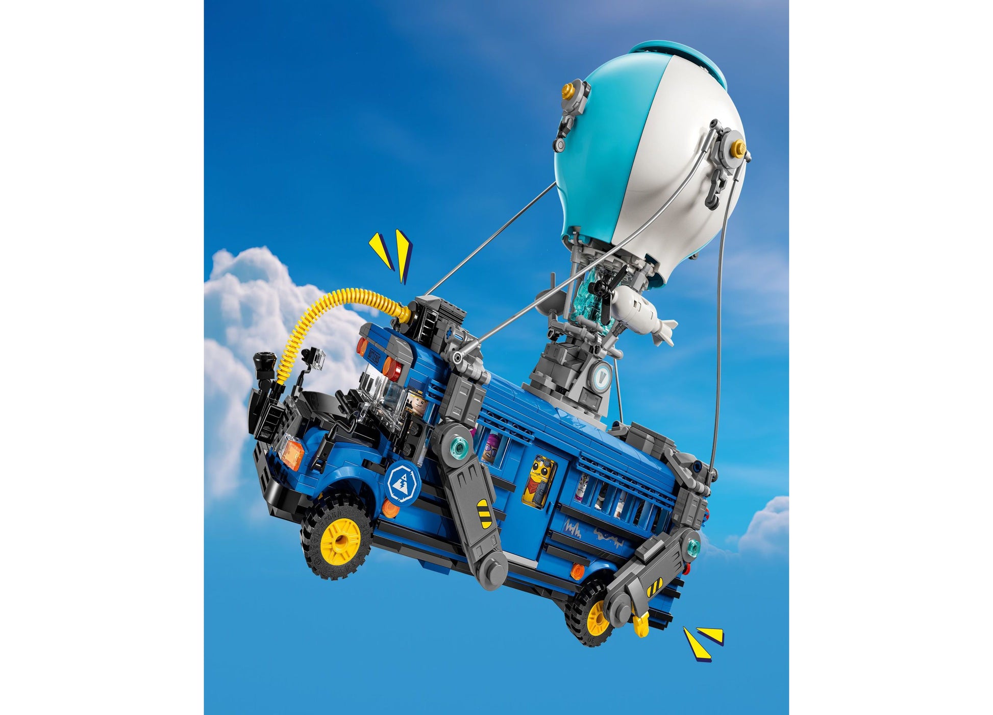 LEGO Fortnite Battle Bus toy with blue truck, turquoise balloon, and yellow accents against sky background