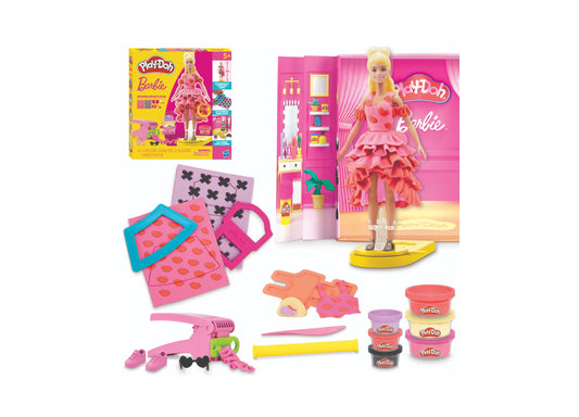 Play-Doh Barbie Designer Fashion Show Playset with blonde Barbie doll in pink ruffled dress, fashion design mats, hair styling tool, clothing pieces, and multip