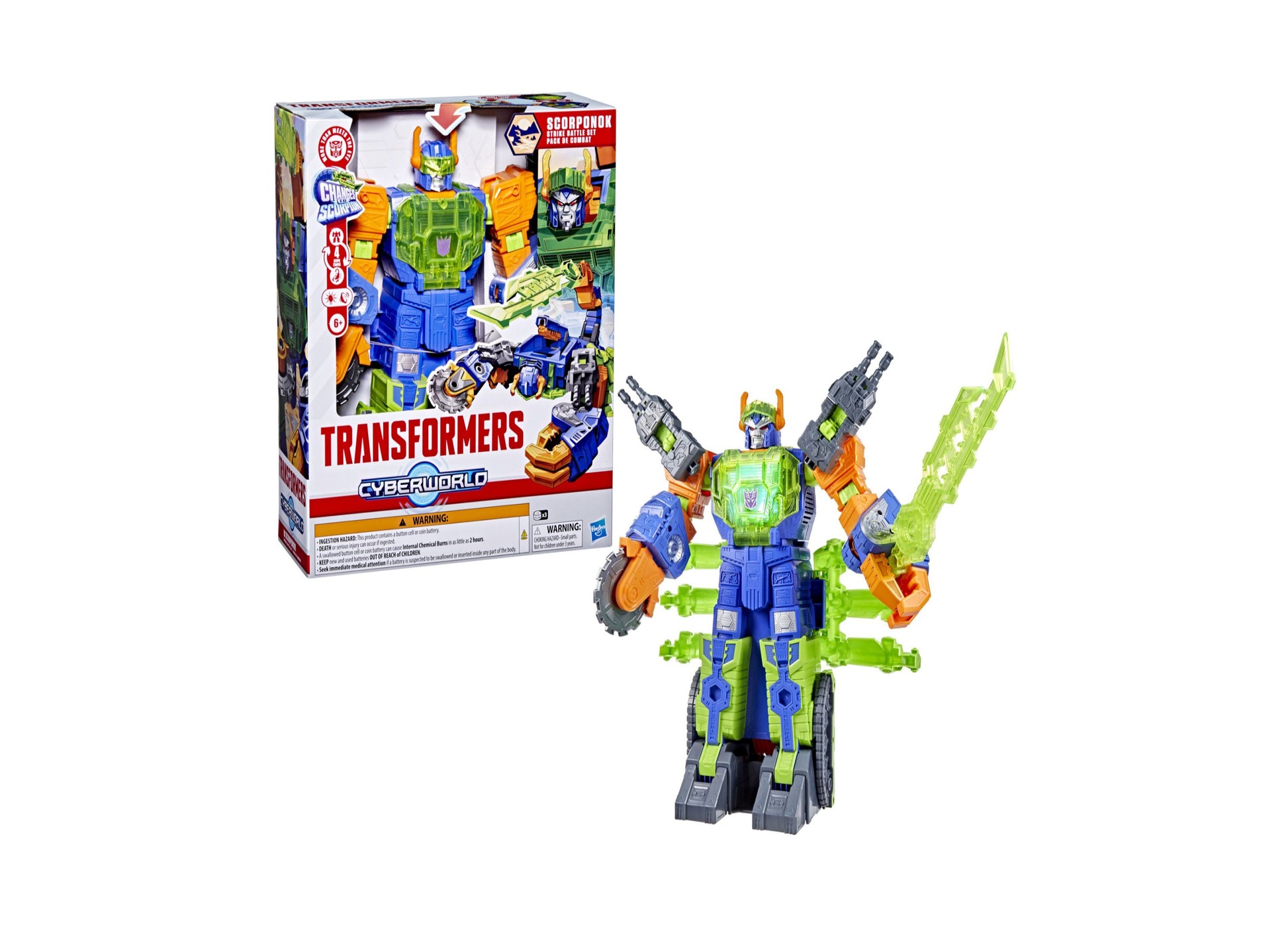 Transformers Cyberworld Scorponok Strike Battle Set with green and blue robot figure with orange accents and weapon accessories, shown with packaging