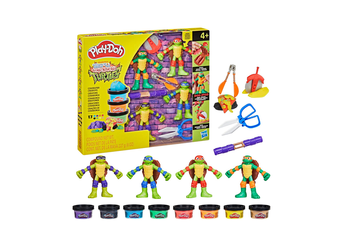 Play-Doh TMNT Cowabunga Creations Playset with four Ninja Turtle figures, tools, and eight colorful Play-Doh cans