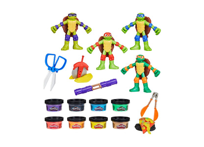 Play-Doh TMNT Cowabunga Creations playset with four Ninja Turtle figures, tools, and eight colorful Play-Doh cans
