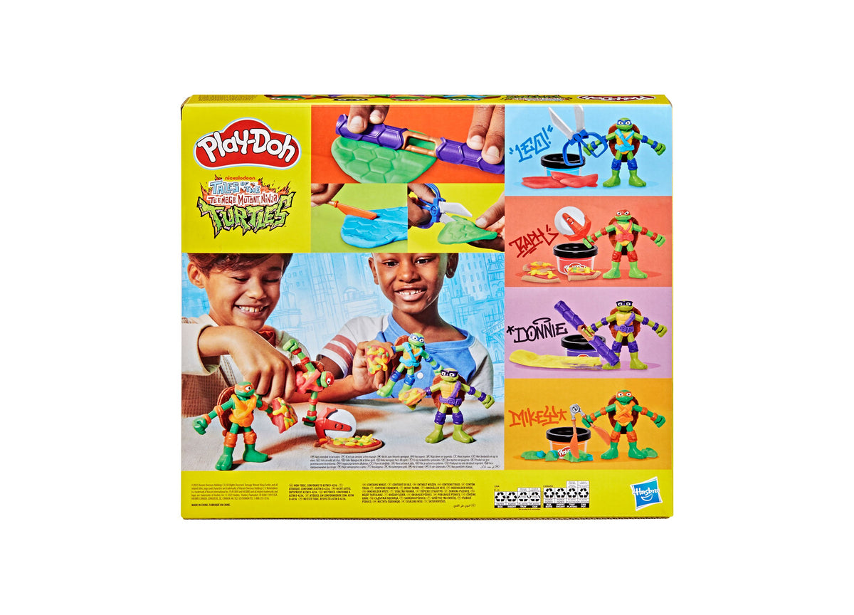 Play-Doh TMNT Cowabunga Creations playset with four colorful Ninja Turtle action figures, tools, and Play-Doh cans on...