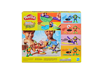 Play-Doh TMNT Cowabunga Creations playset with four colorful Ninja Turtle action figures, tools, and Play-Doh cans on...