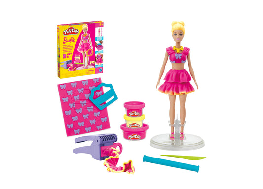 Play-Doh Barbie Ruffles and Bows Fashion Designer Set with blonde Barbie doll in pink ruffled skirt, Play-Doh containers, hair styling tool, bow-patterned desig