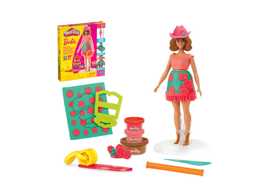Play-Doh Barbie Florals and Fringe Fashion Designer Set with doll wearing pink cowboy hat, coral top, turquoise floral skirt, and white boots, displayed with Pl