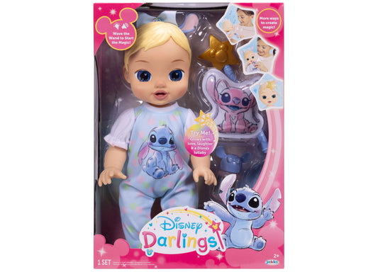 Disney Darlings 13-inch interactive doll with blonde hair, blue eyes, and Stitch-themed outfit, shown with magical wa...