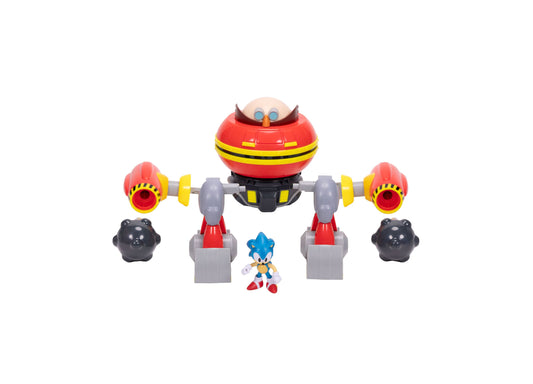 Sonic Hammer Egg Robot with Articulated Sonic Figure Deluxe Playset featuring red and yellow robot with extended arms, two black spheres, and articulated blue S