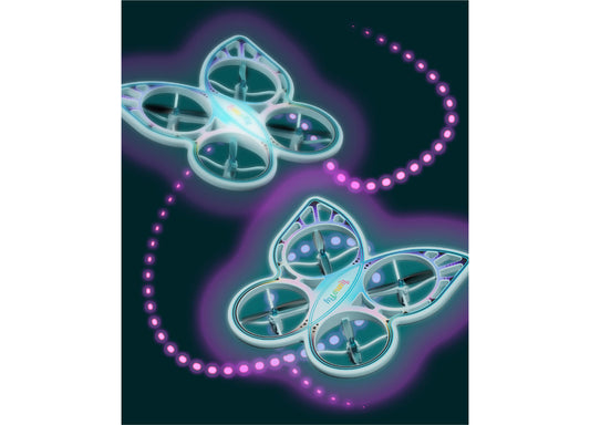 Two white and teal remote control butterfly drones with glowing pink LED lights against dark background
