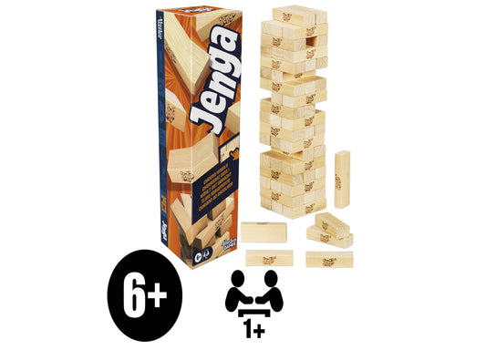 Hasbro Gaming Jenga Classic block stacking game with tower and individual blocks