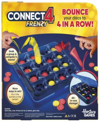 Connect 4 Frenzy board game with blue grid, red and yellow discs, and packaging showing bounce gameplay