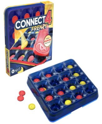 Hasbro Gaming Connect 4 Frenzy board game with blue grid board, red and yellow discs, and game box