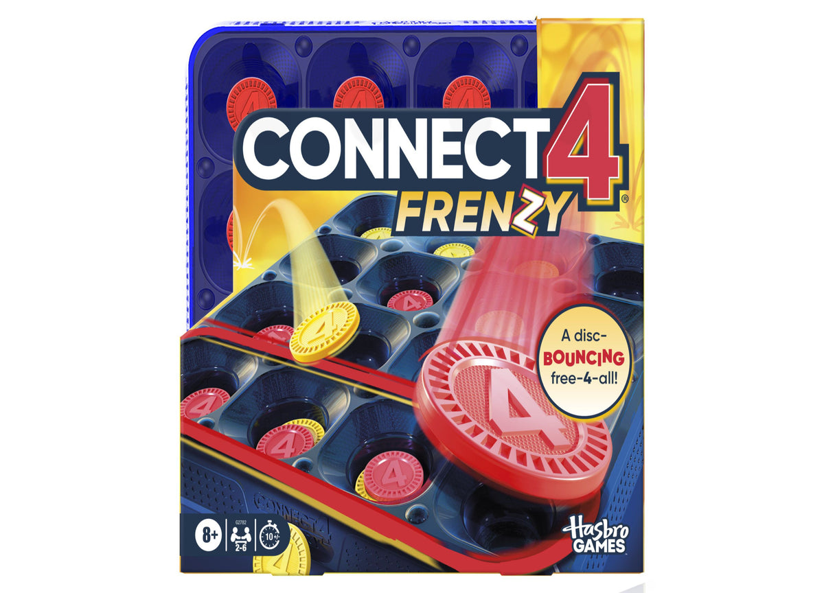 Connect 4 Frenzy board game box showing red and blue grid with bouncing discs and large red 4 logo