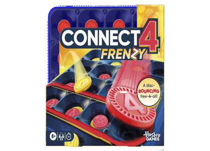 Connect 4 Frenzy board game box showing red and blue grid with bouncing discs and large red 4 logo