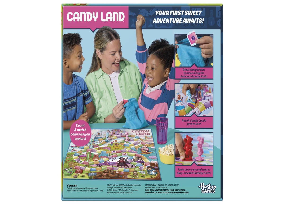 Hasbro Gaming Candy Land Classic Edition Board Game with colorful game board, cards, and gingerbread game pieces