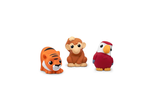 Three colorful animal figurines: orange tiger, brown monkey, and red parrot with yellow beak