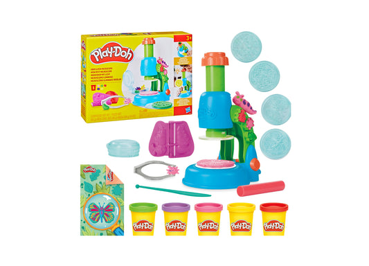 Play-Doh Light and Look Microscope Playset with blue microscope, colorful compound cans, clear slides, and nature pla...