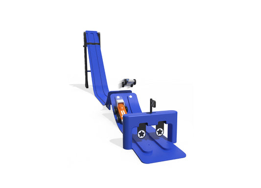Geoffrey's Toy Box Downhill Derby Racetrack Set in blue with launch starter, track pieces, and two racing cars
