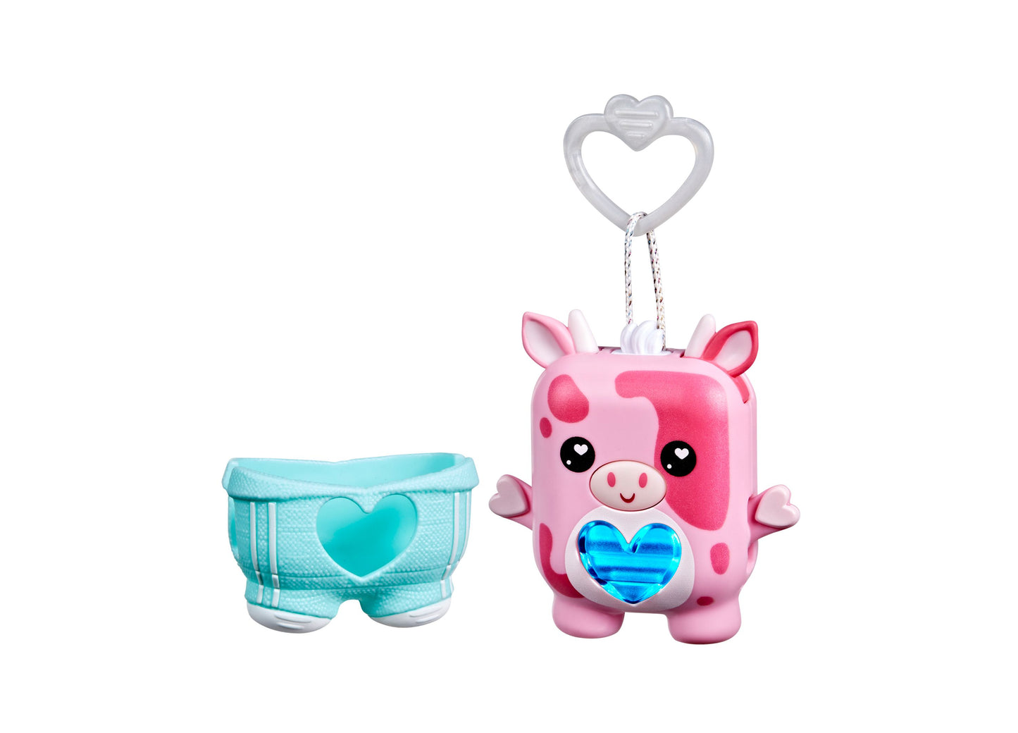 Pink cow plush toy with heart-shaped blue belly, heart-shaped silver handle attachment, and turquoise diaper accessory