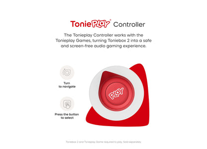 Tonieplay Controller in red and white with central play button and navigation dial for screen-free audio gaming