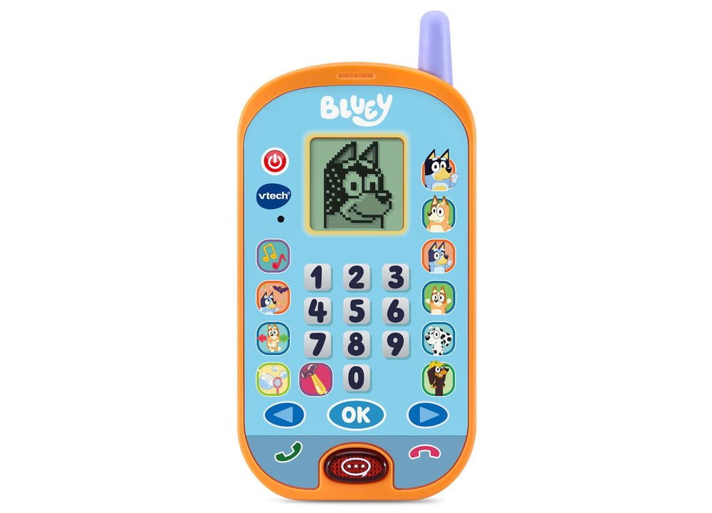 VTech Bluey Ring Ring Phone Interactive Toy with blue screen, orange frame, purple antenna, numbered keypad, and char...