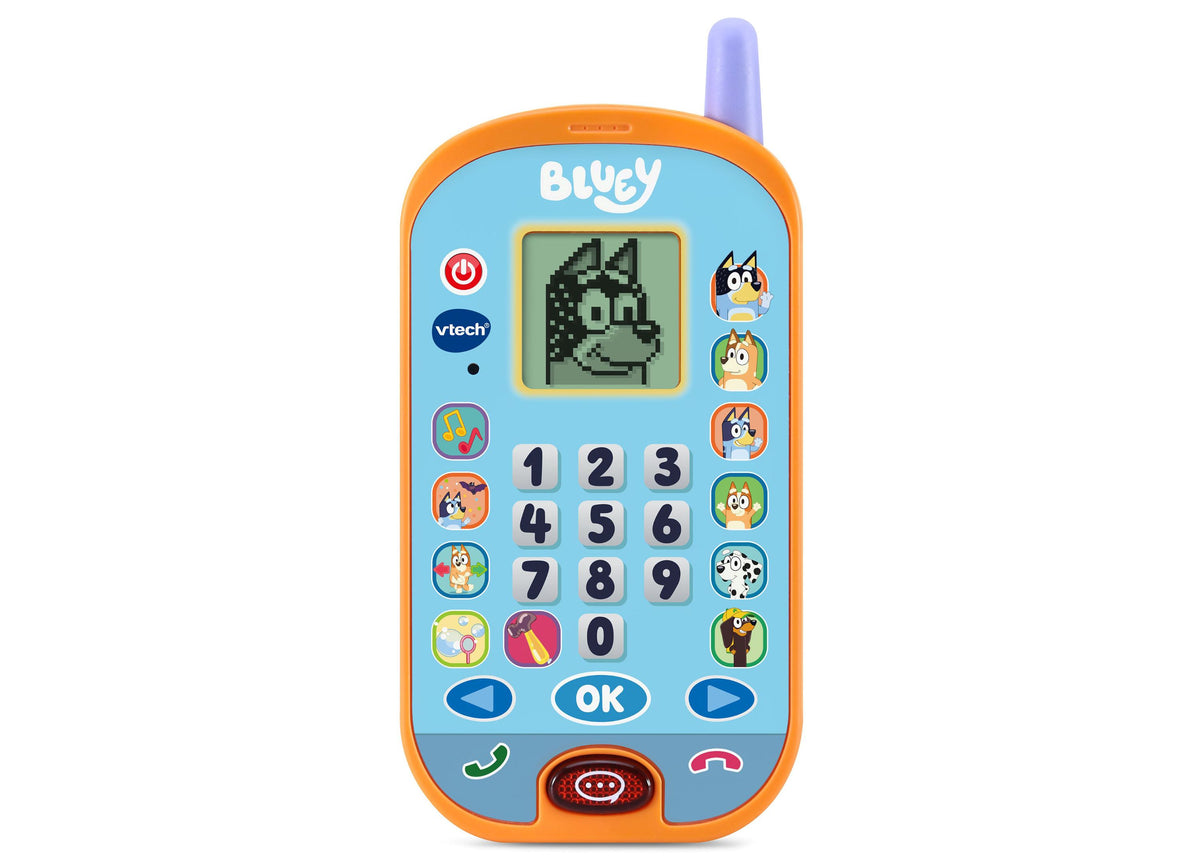 VTech Bluey Ring Ring Phone Interactive Toy with blue screen, orange frame, purple antenna, numbered keypad, and char...