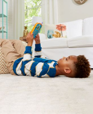 Child playing with VTech Bluey Ring Ring Phone Interactive Toy featuring blue and white colors