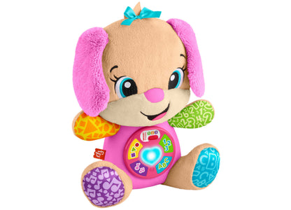 Fisher-Price Laugh & Learn Smart Stages Sis plush toy with tan and pink fur, blue bow, colorful patterned paws, and interactive learning buttons on pink chest p