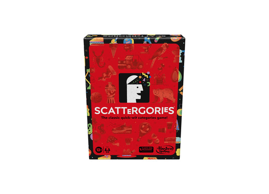 Scattergories Classic board game box with red background featuring the game logo and tagline 'The classic quick-wit categories game'