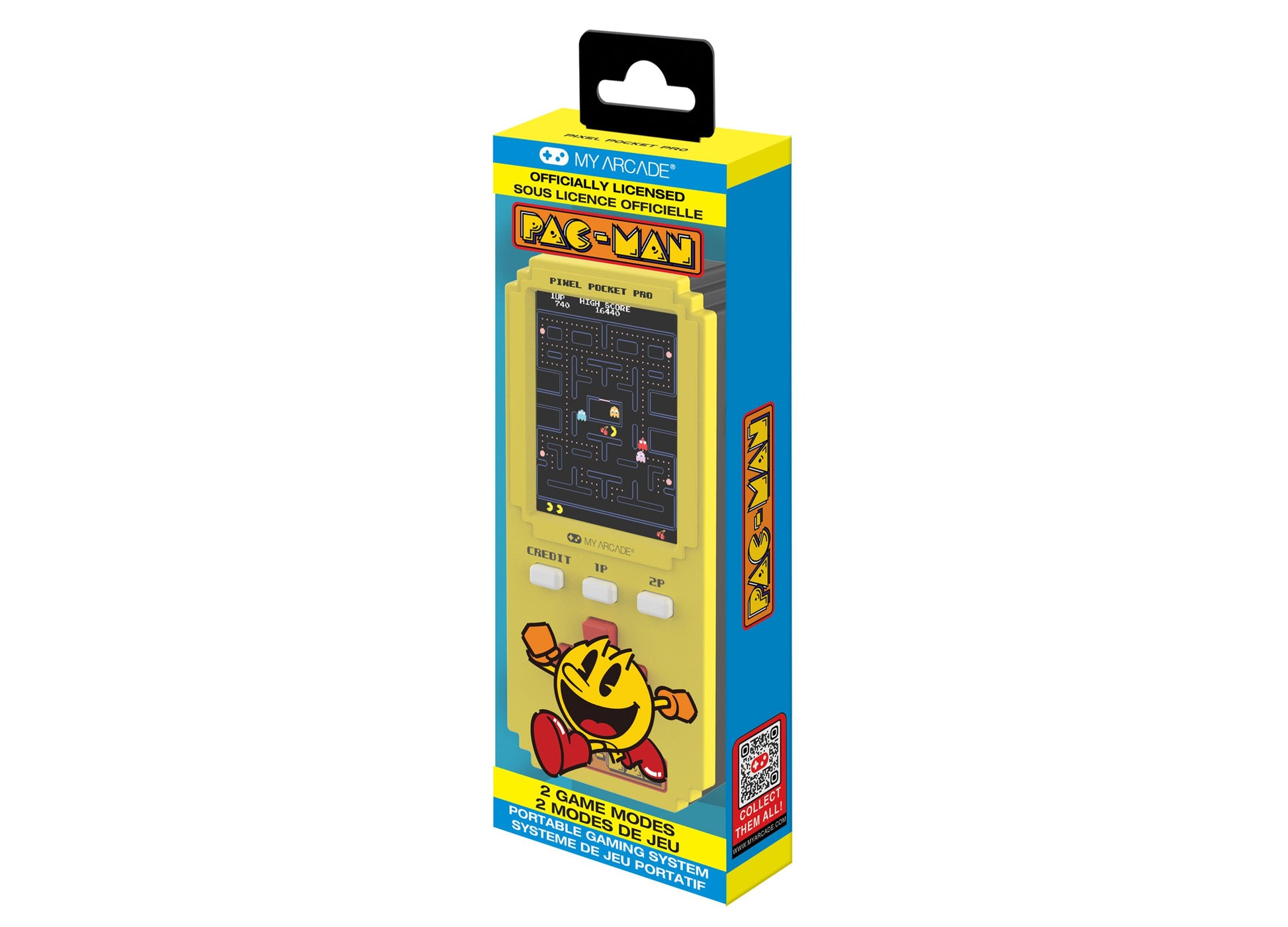 My Arcade Pac-Man Pixel Pocket Pro handheld gaming system with yellow and blue packaging