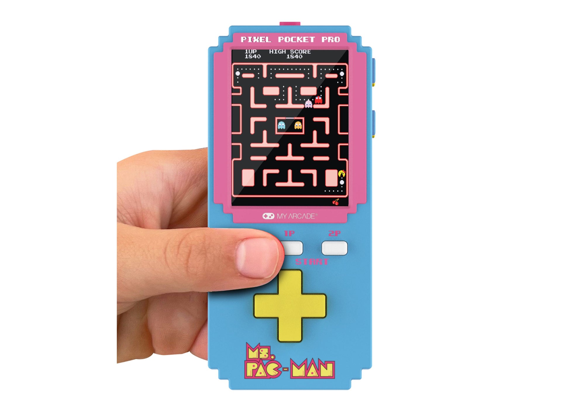 My Arcade Ms. Pac-Man Pixel Pocket Pro handheld gaming system in blue and pink